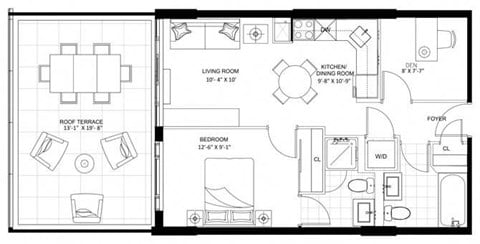 Floor plan for 1 bed, 2 baths, 589 sqft